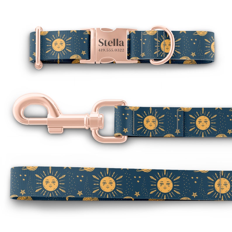 Sun and Moon Dog Collar with Engraved Name in Gold, Rose Gold, or Silver Modern Dog Collar Posh Puppy Mix and Match Leash image 9