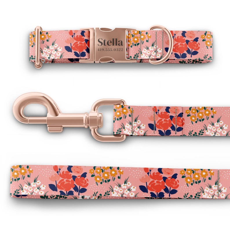 Collares florales para perritas, collar rosa con flores, grabados de nombres personalizados con hebillas doradas, oro rosa y plateadas, estilo Martingale disponible. imagen 6