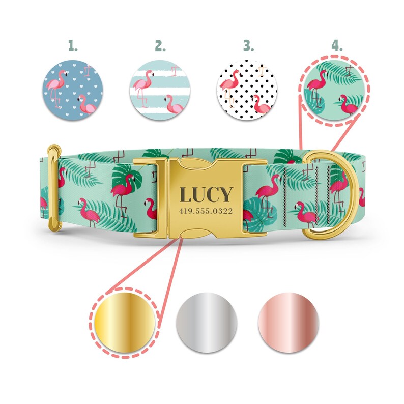 Flamingos Dog Collar - Beach Dog Collar - Recycled Plastic - Pink Flamingo - Personalized Name in Gold, Rose Gold, or Silver image 5