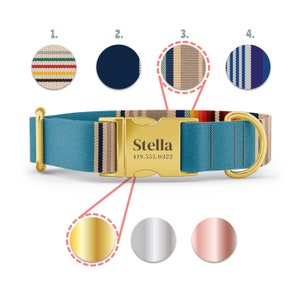 May include: A teal dog collar with a gold-colored buckle engraved with "Stella" and a phone number. The collar features striped fabric in beige, red, and blue. Additional color options for the buckle are silver and rose gold.