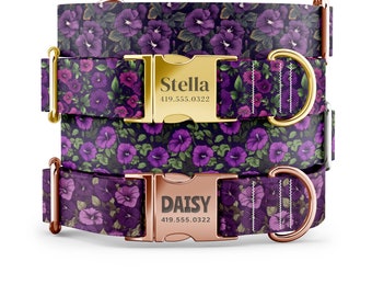 Petunia Floral Print Dog Collar: Personalized Engraved Buckle
