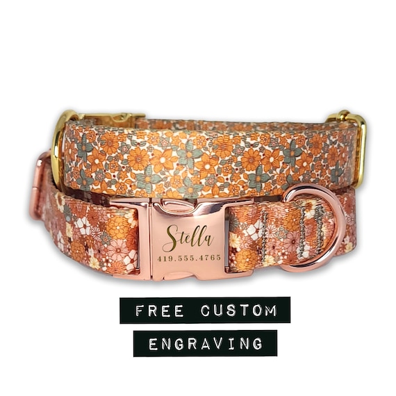 Dog Collar Girl, Flower & Pattern Custom Dog Collar, Personalized Dog Collar with Engraved Dog ID, Rose Gold Dog Collar, Kawaii Pattern