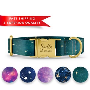 May include: A teal blue dog collar with gold hardware and a gold nameplate that reads "Stella 419.555.4765". The collar has a white star pattern. Five different color variations of the collar are shown below.