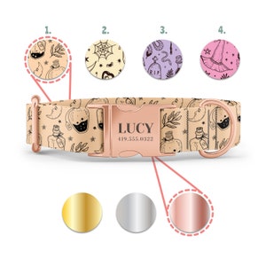 Witchy Dog Collar for Girl or Boy Dog - Halloween Design with Moon and Witch Hat - Engraved Name in Gold, Rose Gold, or Silver