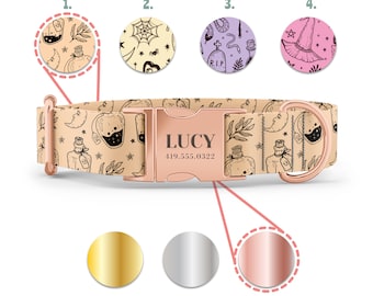 Witchy Dog Collar for Girl or Boy Dog - Halloween Design with Moon and Witch Hat - Engraved Name in Gold, Rose Gold, or Silver
