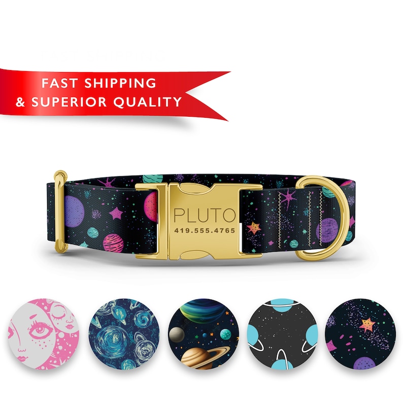 May include: A black and gold dog collar with a space-themed pattern. The collar has a gold buckle with the name "PLUTO" and the phone number "419.555.4765" printed on it. The collar is surrounded by five different space-themed patterns.