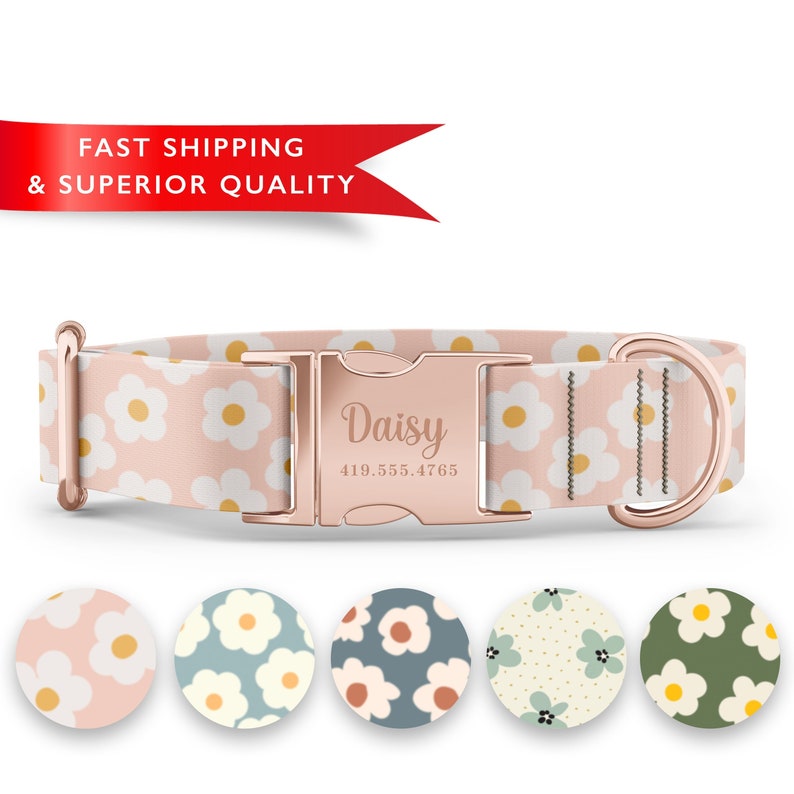 K&ouml;nnte beinhalten: Ein rosa Hundehalsband mit einem wei&szlig;en G&auml;nsebl&uuml;mchen-Druck und einer ros&eacute;goldenen Schnalle. Die Schnalle ist mit dem Namen "Daisy" und einer Telefonnummer graviert. Das Halsband wird mit f&uuml;nf verschiedenen Farboptionen f&uuml;r den G&auml;nsebl&uuml;mchen-Druck gezeigt.