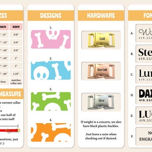 K&ouml;nnte beinhalten: Eine Tabelle mit Informationen &uuml;ber Hundehalsb&auml;nder. Die Tabelle enth&auml;lt Gr&ouml;&szlig;en, Designs, Hardware und Schriftarten. Die Gr&ouml;&szlig;en sind in Zoll angegeben. Die Designs sind Sch&auml;del- und Knochenmuster in Pink, Blau, Gr&uuml;n und Orange. Die Hardware-Optionen sind Gold, Ros&eacute;gold und Silber. Die Schriftarten sind mit Namen und Telefonnummern aufgef&uuml;hrt.