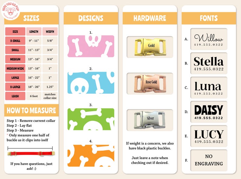 K&ouml;nnte beinhalten: Eine Tabelle mit Informationen &uuml;ber Hundehalsb&auml;nder. Die Tabelle enth&auml;lt Gr&ouml;&szlig;en, Designs, Hardware und Schriftarten. Die Gr&ouml;&szlig;en sind in Zoll angegeben. Die Designs sind Sch&auml;del- und Knochenmuster in Pink, Blau, Gr&uuml;n und Orange. Die Hardware-Optionen sind Gold, Ros&eacute;gold und Silber. Die Schriftarten sind mit Namen und Telefonnummern aufgef&uuml;hrt.
