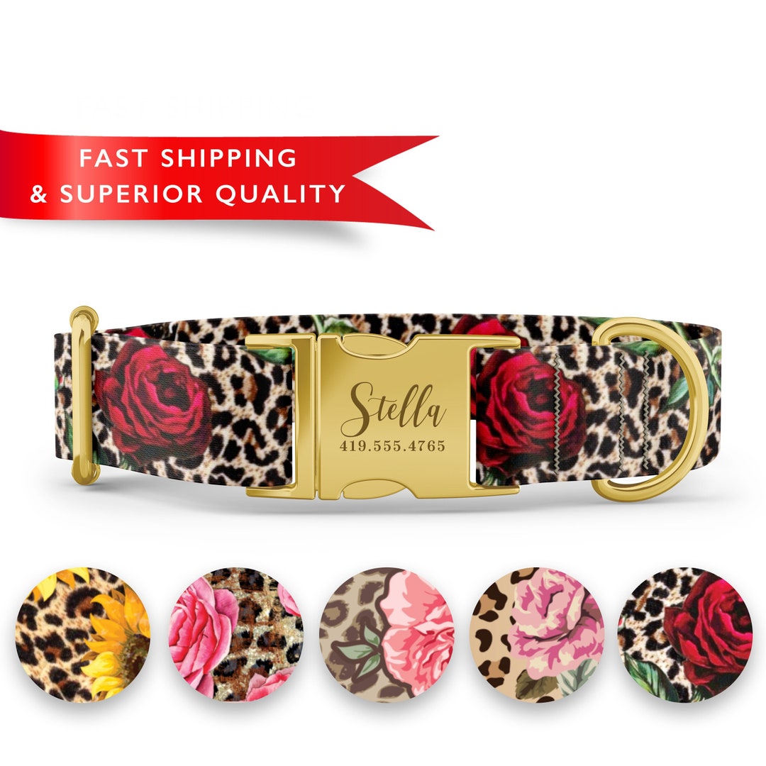 Leopard Flower Print Dog Collar, Cute Girl Dog Collars, Personalized