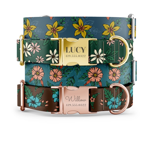 Girl Dog Collars, Flower Dog Collars, Personalized Dog Collars with Name