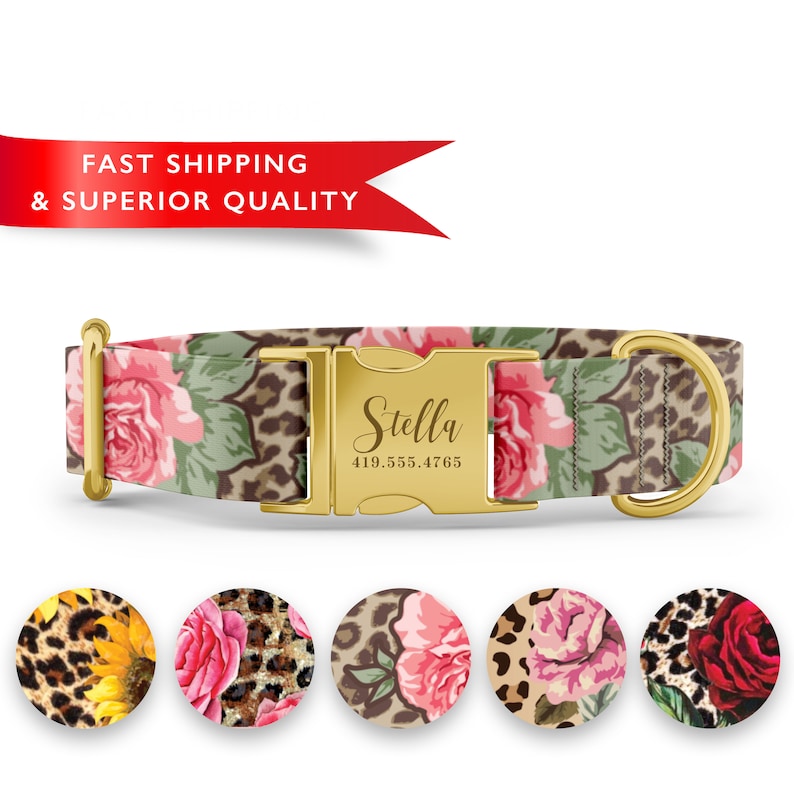 Leopard Flower Print Dog Collar, Personalized Custom Name image 3