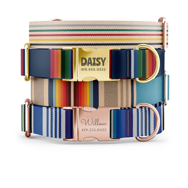May include: Four personalized dog collars stacked on top of each other. The collars are striped in various colors, including blue, red, yellow, and green. Each collar has a metal buckle with a name and phone number engraved on it.