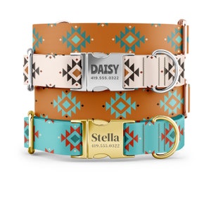 May include: Three dog collars with geometric patterns in shades of orange, white, blue, and red. The collars have silver and gold buckles with personalized names and phone numbers: "Daisy 419.555.0322" and "Stella 419.555.0322".