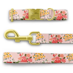 Collares florales para perritas, collar rosa con flores, grabados de nombres personalizados con hebillas doradas, oro rosa y plateadas, estilo Martingale disponible. imagen 7