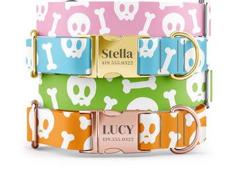 Custom Halloween Dog Collar Skull and Bones for boy and girl dogs - Engraved Name in Gold, Rose Gold, or Silver