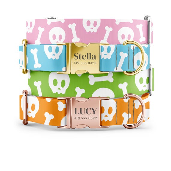 Custom Halloween Dog Collar Skull and Bones for boy and girl dogs - Engraved Name in Gold, Rose Gold, or Silver