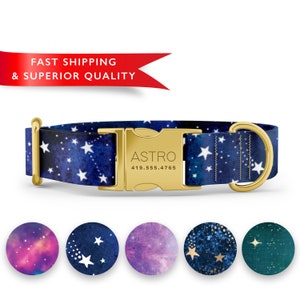 May include: A blue dog collar with a gold buckle and a white star pattern. The buckle has the text "ASTRO" and a phone number. The collar is shown against a white background with five different color variations of the collar pattern shown below.