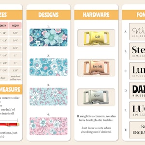 K&ouml;nnte beinhalten: Eine Tabelle mit Informationen zu Hundehalsbandgr&ouml;&szlig;en, Designs, Hardware und Schriftarten. Die Tabelle enth&auml;lt eine Gr&ouml;&szlig;entabelle mit Ma&szlig;en in Zoll, eine Auswahl an Blumenmustern, Hardware-Optionen wie goldene, ros&eacute;goldene und silberne Schnallen sowie eine Liste von Schriftarten mit entsprechenden Telefonnummern. Die Tabelle enth&auml;lt auch Anweisungen, wie man den Hals eines Hundes f&uuml;r ein Halsband misst.