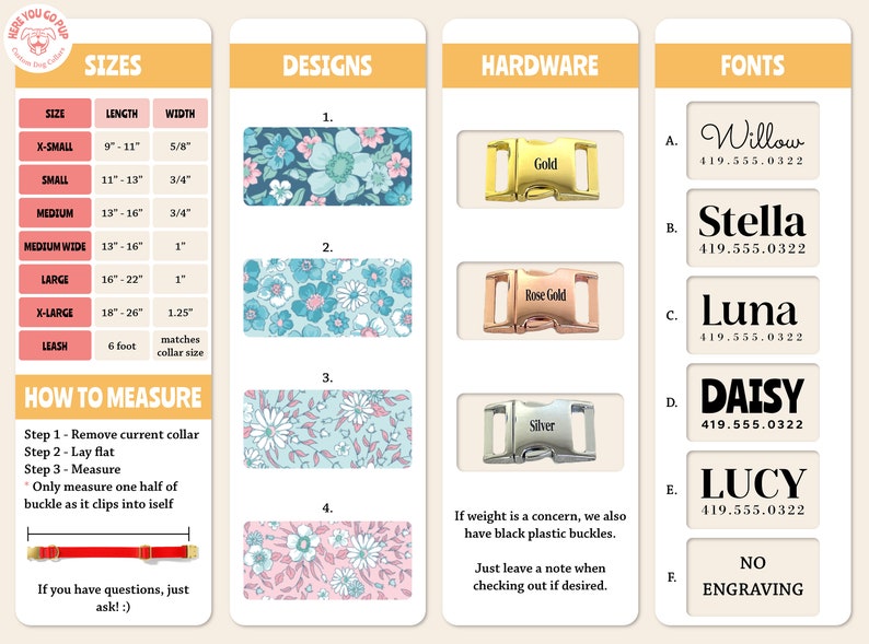 K&ouml;nnte beinhalten: Eine Tabelle mit Informationen zu Hundehalsbandgr&ouml;&szlig;en, Designs, Hardware und Schriftarten. Die Tabelle enth&auml;lt eine Gr&ouml;&szlig;entabelle mit Ma&szlig;en in Zoll, eine Auswahl an Blumenmustern, Hardware-Optionen wie goldene, ros&eacute;goldene und silberne Schnallen sowie eine Liste von Schriftarten mit entsprechenden Telefonnummern. Die Tabelle enth&auml;lt auch Anweisungen, wie man den Hals eines Hundes f&uuml;r ein Halsband misst.