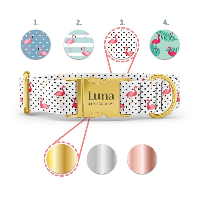 Flamingos Dog Collar - Beach Dog Collar - Recycled Plastic - Pink Flamingo - Personalized Name in Gold, Rose Gold, or Silver image 4