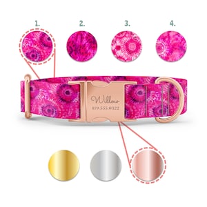 Custom Pink Tie Dye Dog Collar - Vibrant Pet Accessory - Personalized Engraved Buckle - XS-XL Sizes, Gold/Rose Gold/Silver Hardware
