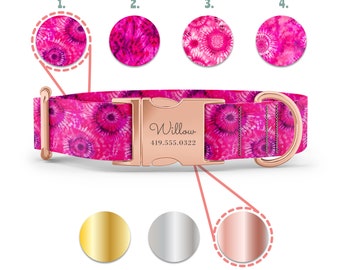 Custom Pink Tie Dye Dog Collar - Vibrant Pet Accessory - Personalized Engraved Buckle - XS-XL Sizes, Gold/Rose Gold/Silver Hardware