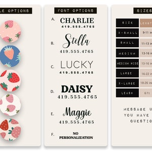May include: A chart with options for customizing a pet collar. The chart includes five different styles of collars with strawberry patterns, six different font options for the pet's name, and a table of sizes for the collar. The sizes range from X-Small to X-Large, with measurements in inches. The chart also includes a leash option with a length of 6 feet.