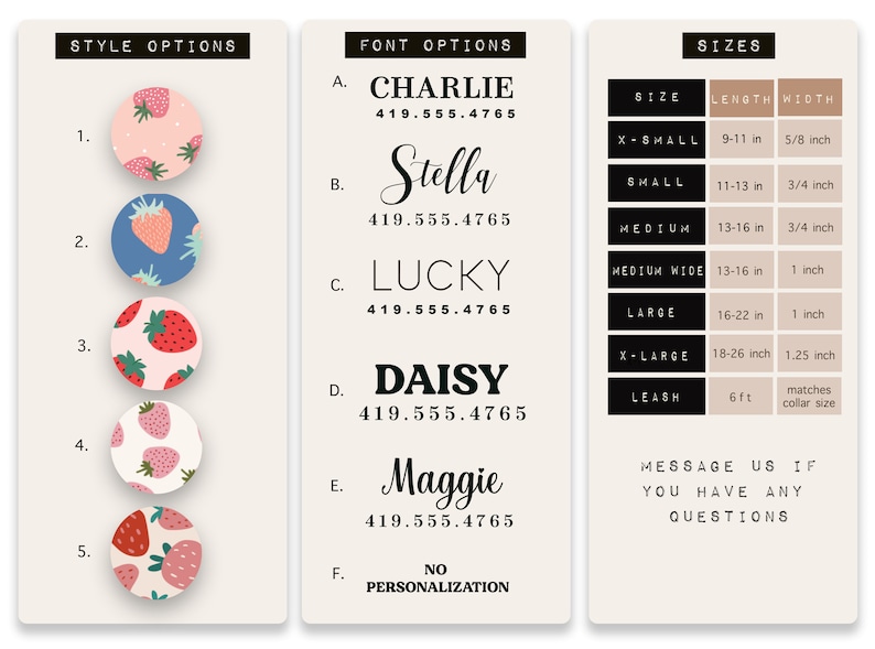 May include: A chart with options for customizing a pet collar. The chart includes five different styles of collars with strawberry patterns, six different font options for the pet's name, and a table of sizes for the collar. The sizes range from X-Small to X-Large, with measurements in inches. The chart also includes a leash option with a length of 6 feet.