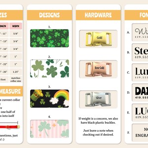 K&ouml;nnte beinhalten: Eine Tabelle mit Informationen zu Hundehalsbandgr&ouml;&szlig;en, Designs, Hardware und Schriftarten. Die Tabelle enth&auml;lt eine Gr&ouml;&szlig;entabelle mit Ma&szlig;en in Zoll, eine Auswahl von vier verschiedenen Designs, eine Auswahl von drei verschiedenen Hardware-Optionen und eine Auswahl von sechs verschiedenen Schriftarten. Die Tabelle enth&auml;lt auch Anweisungen, wie man den Hals eines Hundes f&uuml;r ein Halsband misst.