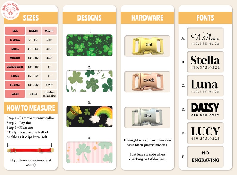 K&ouml;nnte beinhalten: Eine Tabelle mit Informationen zu Hundehalsbandgr&ouml;&szlig;en, Designs, Hardware und Schriftarten. Die Tabelle enth&auml;lt eine Gr&ouml;&szlig;entabelle mit Ma&szlig;en in Zoll, eine Auswahl von vier verschiedenen Designs, eine Auswahl von drei verschiedenen Hardware-Optionen und eine Auswahl von sechs verschiedenen Schriftarten. Die Tabelle enth&auml;lt auch Anweisungen, wie man den Hals eines Hundes f&uuml;r ein Halsband misst.