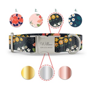 Collares florales para perritas, collar rosa con flores, grabados de nombres personalizados con hebillas doradas, oro rosa y plateadas, estilo Martingale disponible. imagen 4