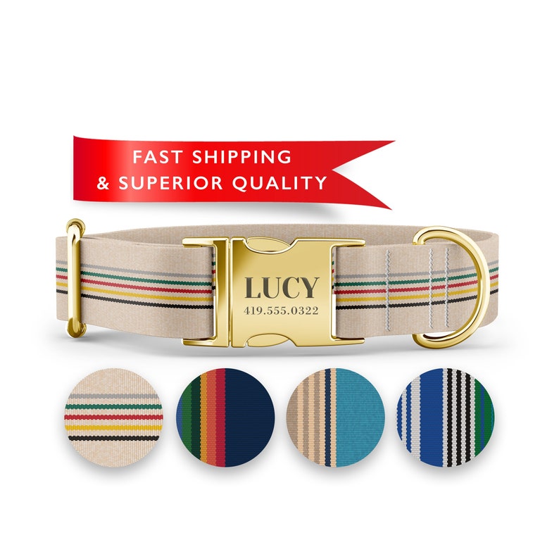May include: A beige dog collar with a gold-colored buckle and D-ring. The collar features horizontal stripes in various colors. The buckle is engraved with the name "LUCY" and a phone number. Additional color options are displayed below.
