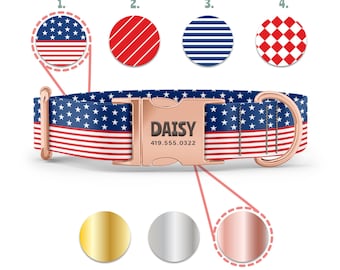 USA Dog Collar - Red, White, Blue -Patriotic Collar - Custom Dog Collar with Engraved Name in Gold, Rose Gold, or Silver