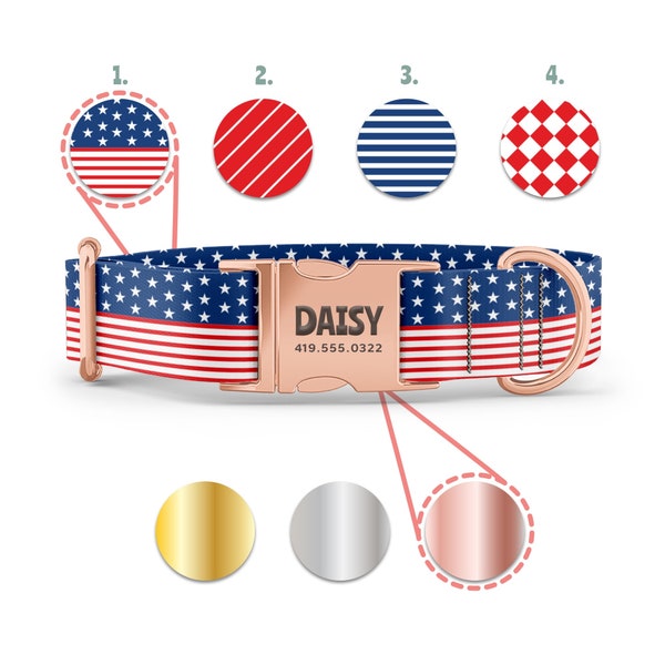 USA Dog Collar - Red, White, Blue -Patriotic Collar - Custom Dog Collar with Engraved Name in Gold, Rose Gold, or Silver