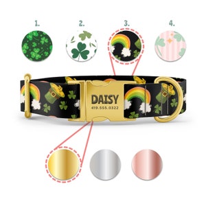 K&ouml;nnte beinhalten: Ein schwarzes Hundehalsband mit einer goldenen Schnalle und einem Regenbogen-, Kleeblatt- und Goldtopf-Design. Die Schnalle tr&auml;gt den Namen "DAISY" und die Telefonnummer "419.555.0322" ist eingraviert. Das Halsband ist in Gold, Silber oder Ros&eacute;gold erh&auml;ltlich.