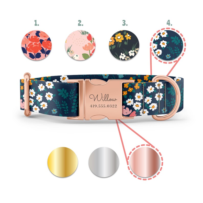 Collares florales para perritas, collar rosa con flores, grabados de nombres personalizados con hebillas doradas, oro rosa y plateadas, estilo Martingale disponible. imagen 5