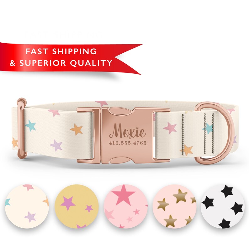Girl Dog Collar with Stars, Custom Dog Collar with Name, Cute Dog Collars, Patterned Dog Collars, Cute Collars, Adjustable, Sizes XS - XL image 3