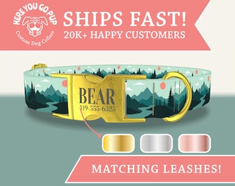 Wilderness Dog Collar - Mountain Forest Landscape Pet Collar With Custom Engraved Buckle, Adjustable buckle, Adventure Dog Gear