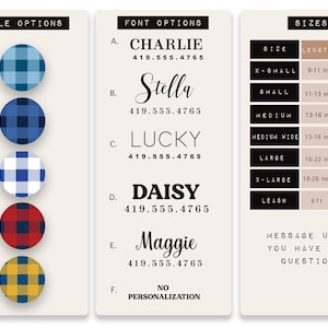 K&ouml;nnte beinhalten: Eine Tabelle mit f&uuml;nf verschiedenen Karomustern in Blau, Schwarz, Wei&szlig;, Rot und Gelb. Die Tabelle ist mit "Style Options" beschriftet. Eine zweite Tabelle zeigt sechs verschiedene Schriftstile f&uuml;r Namen, beschriftet mit "Font Options". Die dritte Tabelle zeigt verschiedene Gr&ouml;&szlig;en f&uuml;r Halsb&auml;nder und Leinen, beschriftet mit "Sizes".