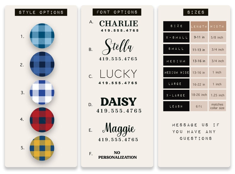 K&ouml;nnte beinhalten: Eine Tabelle mit f&uuml;nf verschiedenen Karomustern in Blau, Schwarz, Wei&szlig;, Rot und Gelb. Die Tabelle ist mit "Style Options" beschriftet. Eine zweite Tabelle zeigt sechs verschiedene Schriftstile f&uuml;r Namen, beschriftet mit "Font Options". Die dritte Tabelle zeigt verschiedene Gr&ouml;&szlig;en f&uuml;r Halsb&auml;nder und Leinen, beschriftet mit "Sizes".