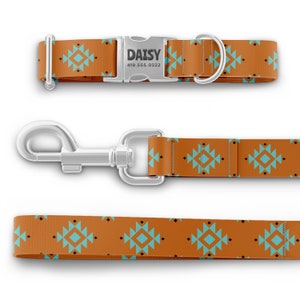 May include: A brown and turquoise patterned dog collar and leash set with a silver buckle and a personalized name tag that reads "DAISY 419.555.0322".