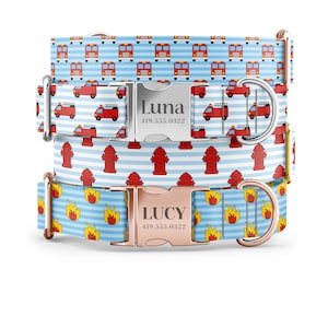 May include: Three dog collars with different fire-themed patterns. The top collar has a red fire truck pattern, the middle collar has a red fire hydrant pattern, and the bottom collar has a yellow flame pattern. Each collar has a metal buckle with a personalized name and phone number. The top buckle says "Luna 419.555.0322", the middle buckle says "Lucy 419.555.0322".