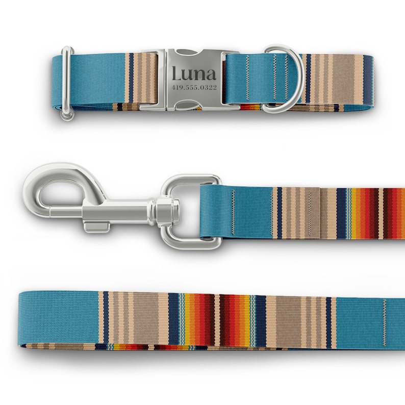 May include: A dog collar, leash, and matching leash set. The collar has a silver buckle with the name "Luna" and a phone number. The set features a turquoise blue background with stripes of tan, brown, and a colorful rainbow pattern.
