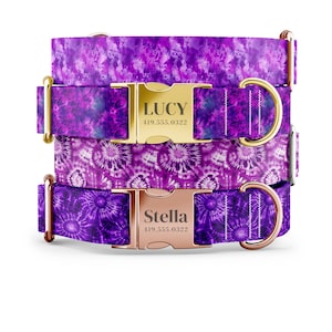 Custom Purple Tie Dye Dog Collar - Vibrant Pet Accessory - Personalized Engraved Buckle - XS-XL Sizes, Gold/Rose Gold/Silver Hardware