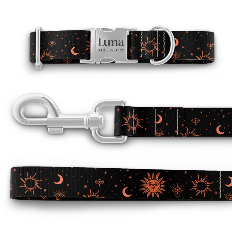 Sun and Moon Dog Collar with Engraved Name in Gold, Rose Gold, or Silver Modern Dog Collar Posh Puppy Mix and Match Leash image 7