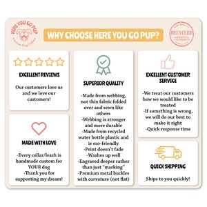 Peut inclure: Un graphique avec le texte "Pourquoi choisir Here You Go Pup?" et cinq raisons de choisir cette marque. Les raisons sont : Excellentes &eacute;valuations, Qualit&eacute; sup&eacute;rieure, Excellent service client, Fabriqu&eacute; avec amour et Exp&eacute;dition rapide. Le graphique comprend &eacute;galement une note d'&eacute;toiles, une coche, un pouce en l'air, un c&oelig;ur et un camion de livraison.