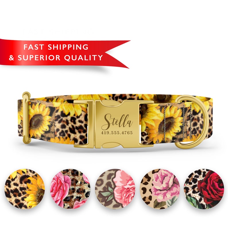 May include: A gold dog collar with a sunflower and leopard print design. The collar has a gold buckle with the name "Stella" and a phone number engraved on it. The collar is shown with four other design options: sunflowers, roses, and red roses.