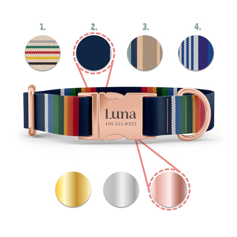 May include: A navy blue dog collar with a rose gold buckle and D-ring. The collar features a rainbow stripe design and the name "Luna" and a phone number engraved on the buckle. The image also shows color options.