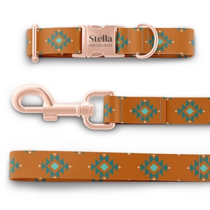 May include: A brown and teal patterned dog collar and leash set with a rose gold buckle and clasp. The collar has a personalized name tag that reads "Stella" and a phone number.